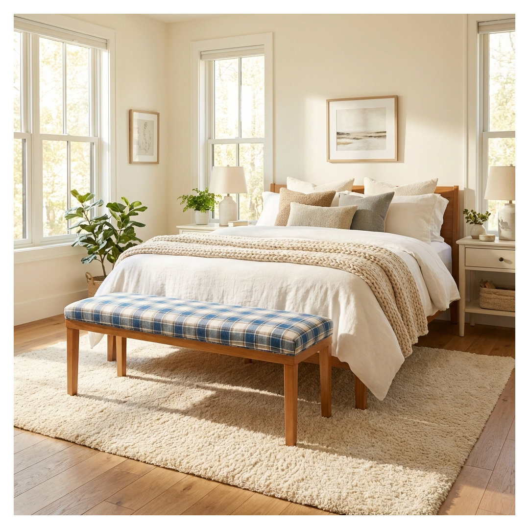 53'' W End Of Bed Bench Upholstered With Wooden Legs For Bedroom Fabric Cushion Seat